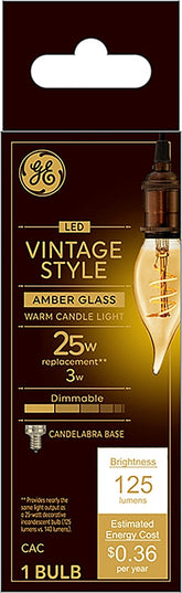 GE 36488 Vintage Light Bulb, CAC Lamp, 25 W Equivalent, E12 (Candelabra) Lamp Base, Dimmable, Amber, Warm White Light